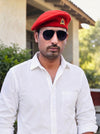 Modern marwar red cotton Bhati Lobo & beret cap combo by singh brand worn by a model