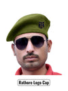 Beret cap in olive green fabric worn at an angle featuring Rathore Logo by Singh brand