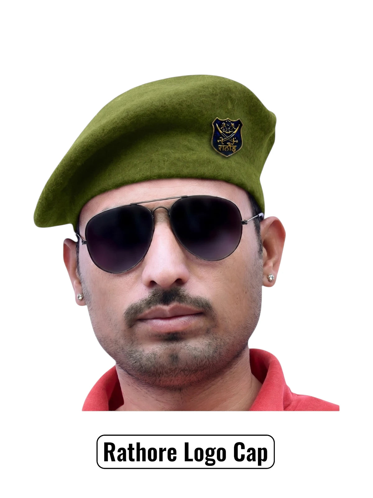 Beret cap in olive green fabric worn at an angle featuring Rathore Logo by Singh brand