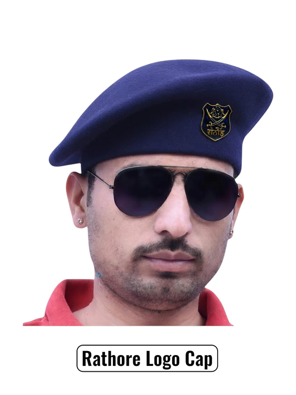 Default navy Rathore Lobo & Beret Cap By Singh Brand shown at an angle with a model wearing sunglasses