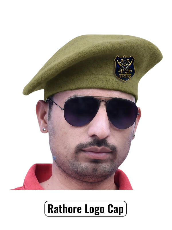 Default olive green Rathore Lobo & Beret Cap By Singh Brand shown on model wearing sunglasses