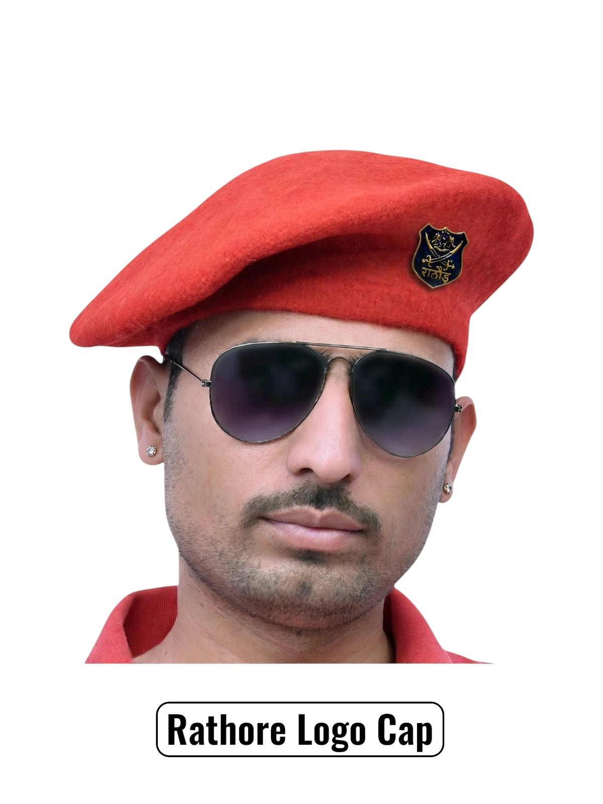 Default red wool Rathore Lobo & Beret Cap By Singh Brand featured on a model wearing sunglasses