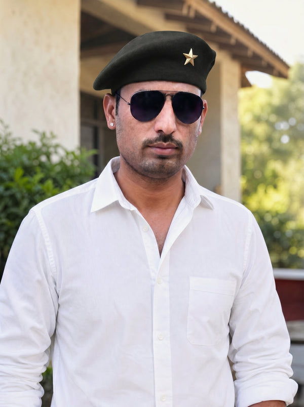 Default green beret cap made of cotton, worn at a frontal angle, Star Lobo & Beret Cap By Singh Brand