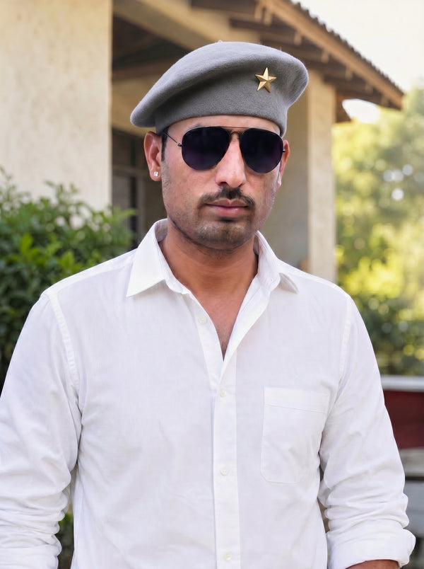 Men's gray cotton beret cap in a frontal view featuring Star Lobo & Beret Cap By Singh Brand
