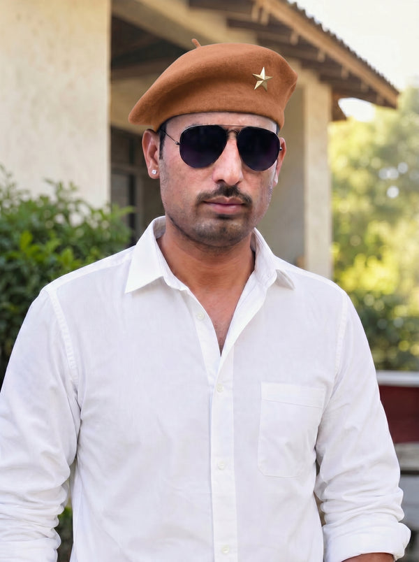 Default brown beret cap in wool, worn at an angle, featuring Star Lobo & Beret Cap By Singh Brand