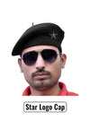 Default black fabric beret cap worn by model with sunglasses, featuring Star Logo & Beret Cap By Singh Brand