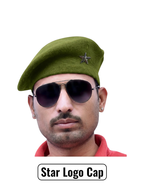 Default olive green wool beret cap at an angle with Star Logo & Beret Cap By Singh Brand