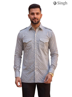 Men's blue patterned cotton SINGH Hunting Shirts-1308-12 front view with pockets