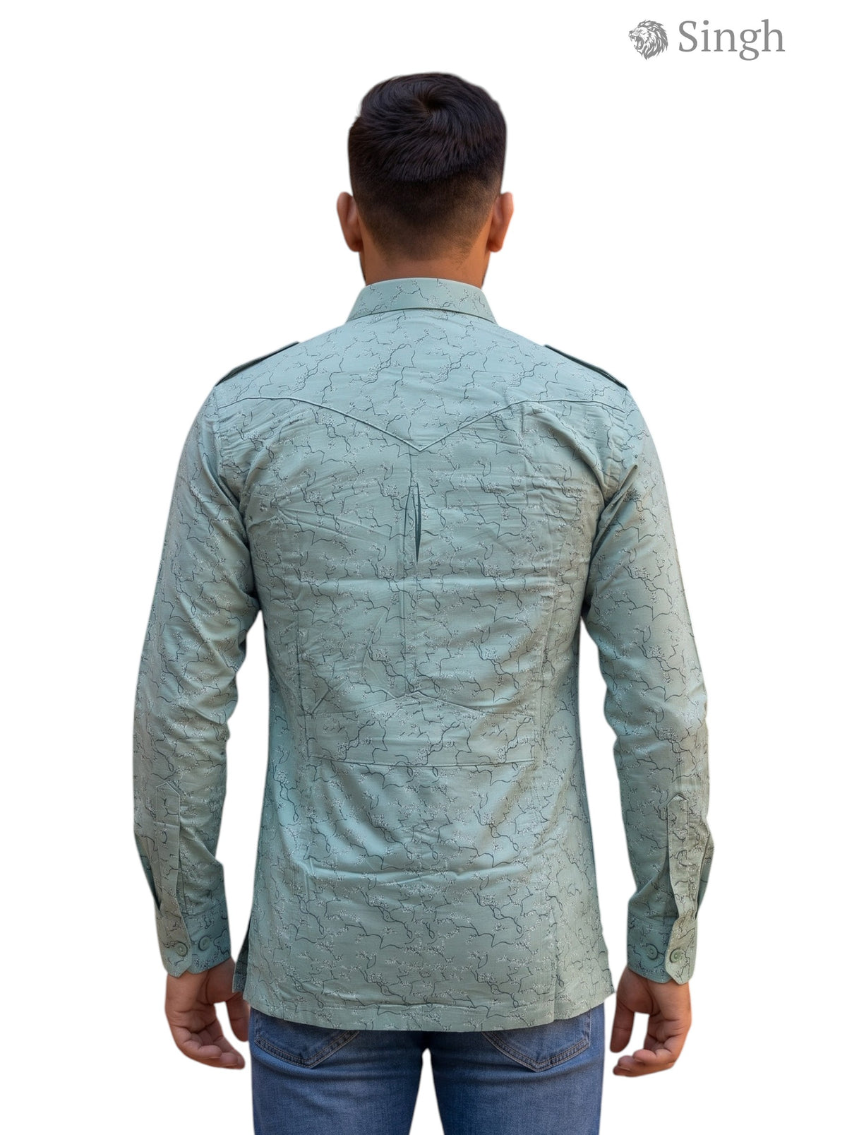 M Hunting Shirt in mint green fabric, back view, featuring SINGH Hunting Shirts-1308-26