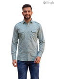 M Hunting Shirt in Light Green Cotton, Front View, SINGH Hunting Shirts-1308-26