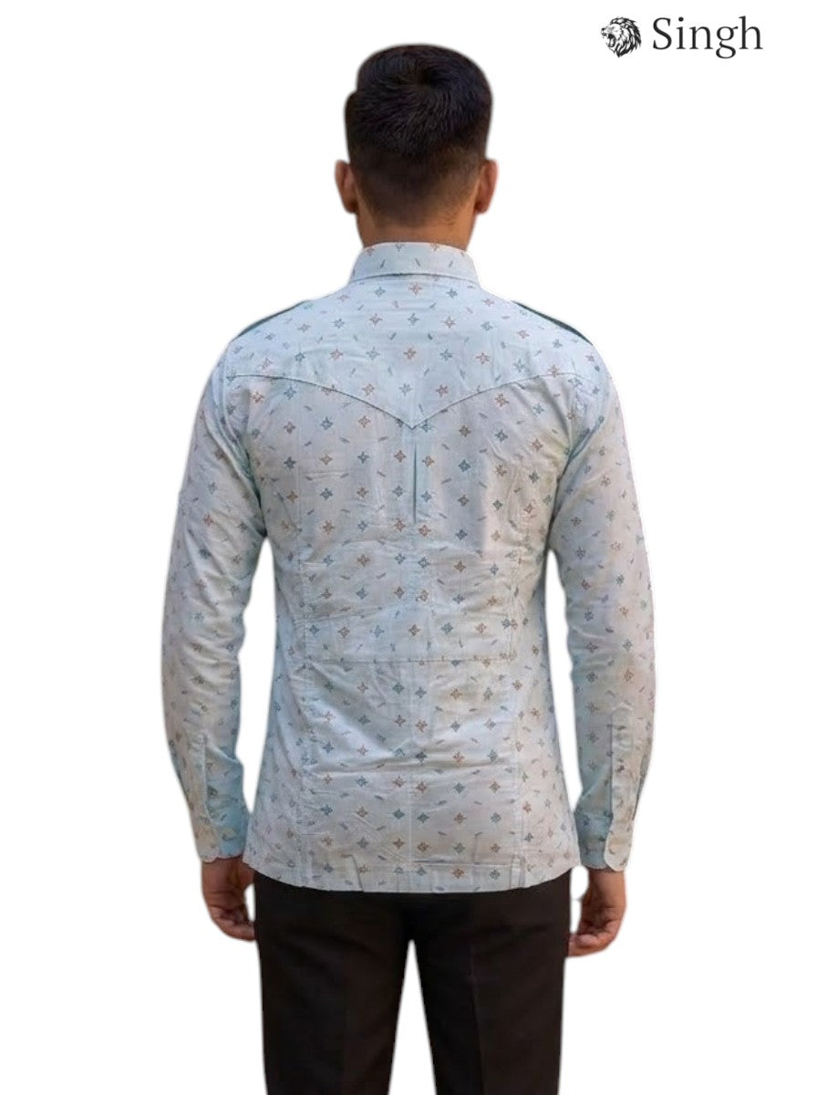 M Hunting Shirt in Light Blue Cotton with Back View - SINGH HUNTING SHIRTS-1308-4