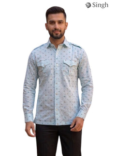 M Light Blue Cotton Hunting Shirt Front View Featuring Two Chest Pockets SINGH HUNTING SHIRTS-1308-4