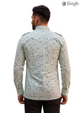 M Hunting Shirt in light green fabric with a patterned design, showcasing the back view, SINGH Hunting Shirts-1308-9