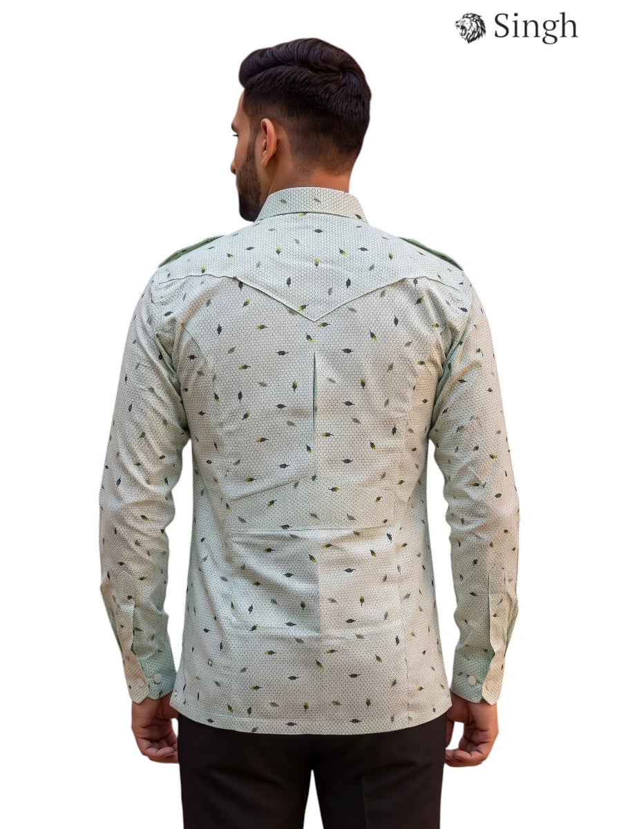 M Hunting Shirt in light green fabric with a patterned design, showcasing the back view, SINGH Hunting Shirts-1308-9