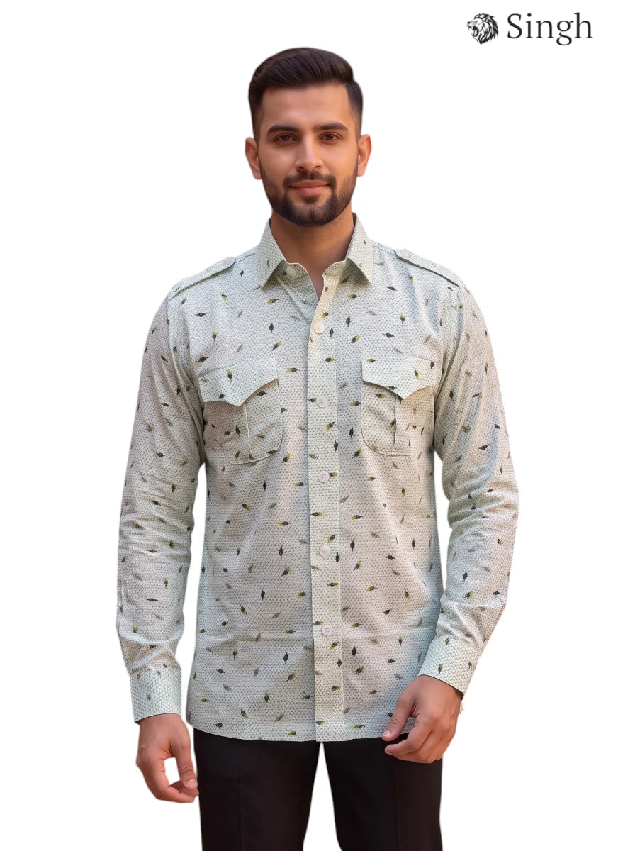 M Green SINGH Hunting Shirts-1308-9 in Lightweight Fabric, Front View with Two Chest Pockets