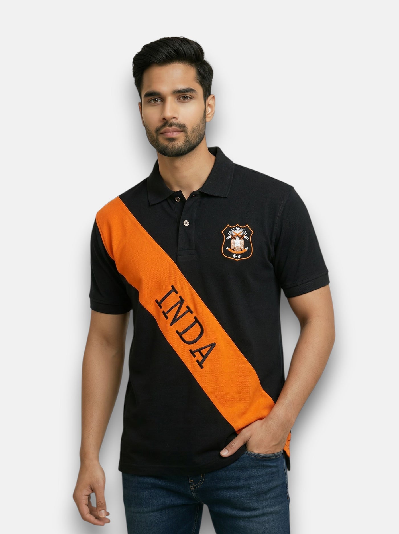 M'TSHIRTS in black cotton at a slight angle featuring Singh Inda Logo T-Shirts for Regal Elegance