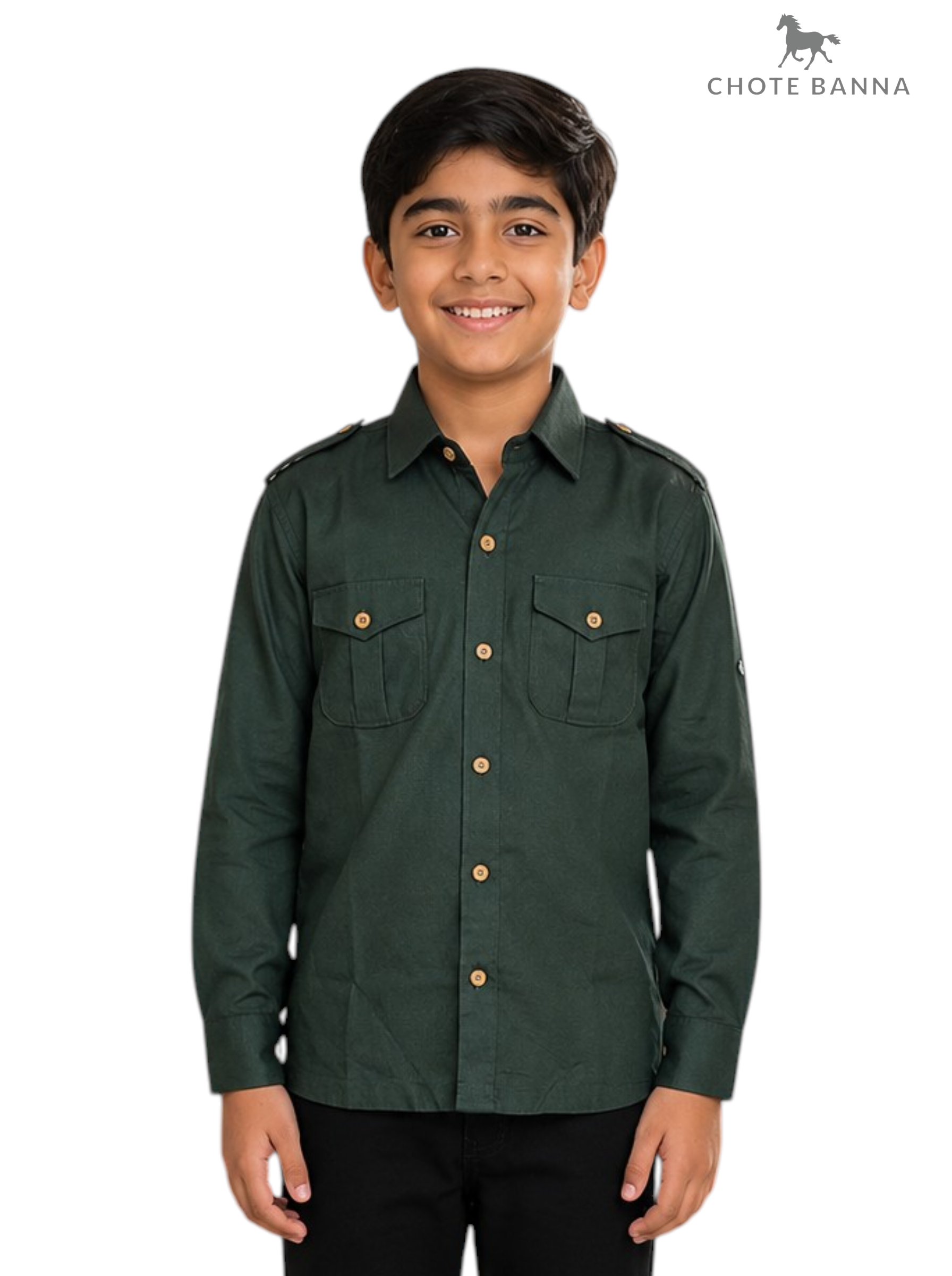 Default green cotton shirt front view featuring pockets, Singh Kid's Hunting-5301-4-28