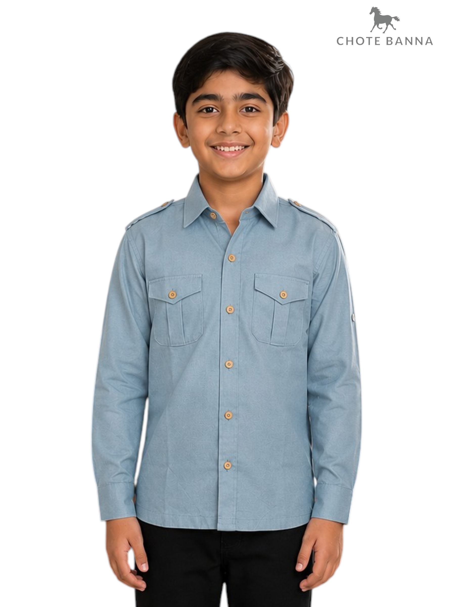 Default blue cotton shirt for kids, front view featuring Singh Kid's Hunting-5301-4-28