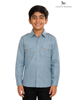 Default blue cotton shirt for kids, front view featuring Singh Kid's Hunting-5301-4-28