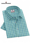 Modern Marwar men's checked shirt in blue green plaid pattern with short sleeves and button-down collar