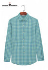 Modern Marwar men's checked shirt in blue and green with long sleeves on wooden hanger