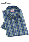 Modern Marwar men's checked shirts in blue green plaid pattern with button-down collar