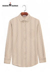 SINGH men's designer casual shirt beige with subtle vertical pattern and long sleeves on hanger
