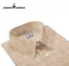 Beige men's designer formal shirt by SINGH with intricate pattern and buttoned collar