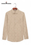 SINGH men's designer formal shirt in beige with subtle pattern and full sleeves on hanger