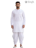 Men's white kurta made of cotton fabric, front view featuring Singh Men's Dhoti Gol-15-02 Regal Wedding Elegance