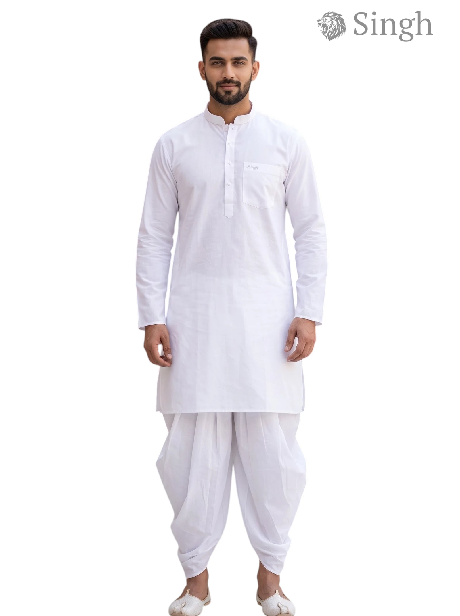 Men's white kurta made of cotton fabric, front view featuring Singh Men's Dhoti Gol-15-02 Regal Wedding Elegance