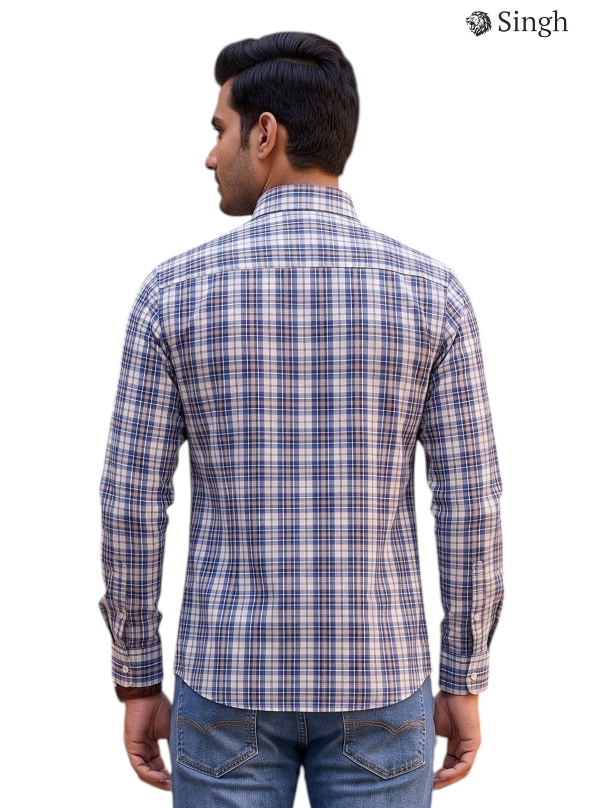 Men's plaid shirt in blue cotton from back angle, Singh Men's F-15-113-18-M Shirt for Regal Style