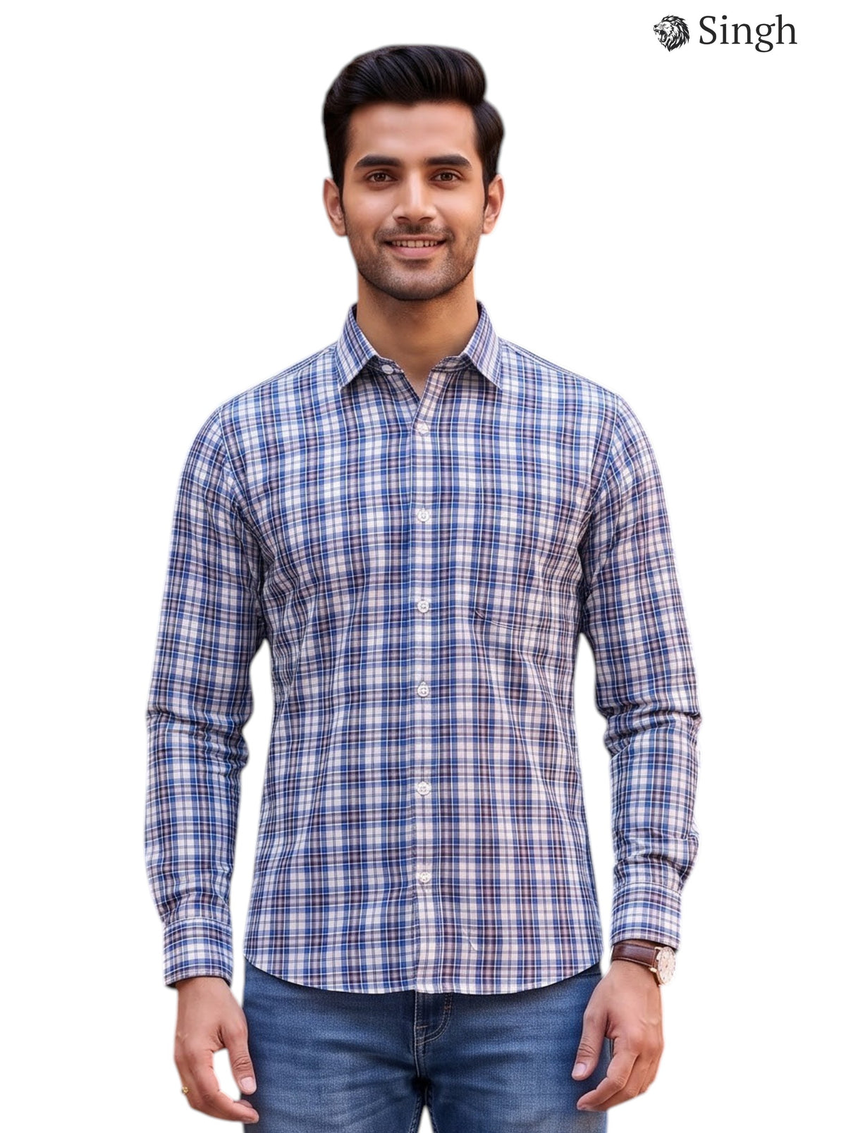 Men's plaid shirt in blue and white cotton, front view; Singh Men's F-15-113-18-M Shirt for Regal Style.