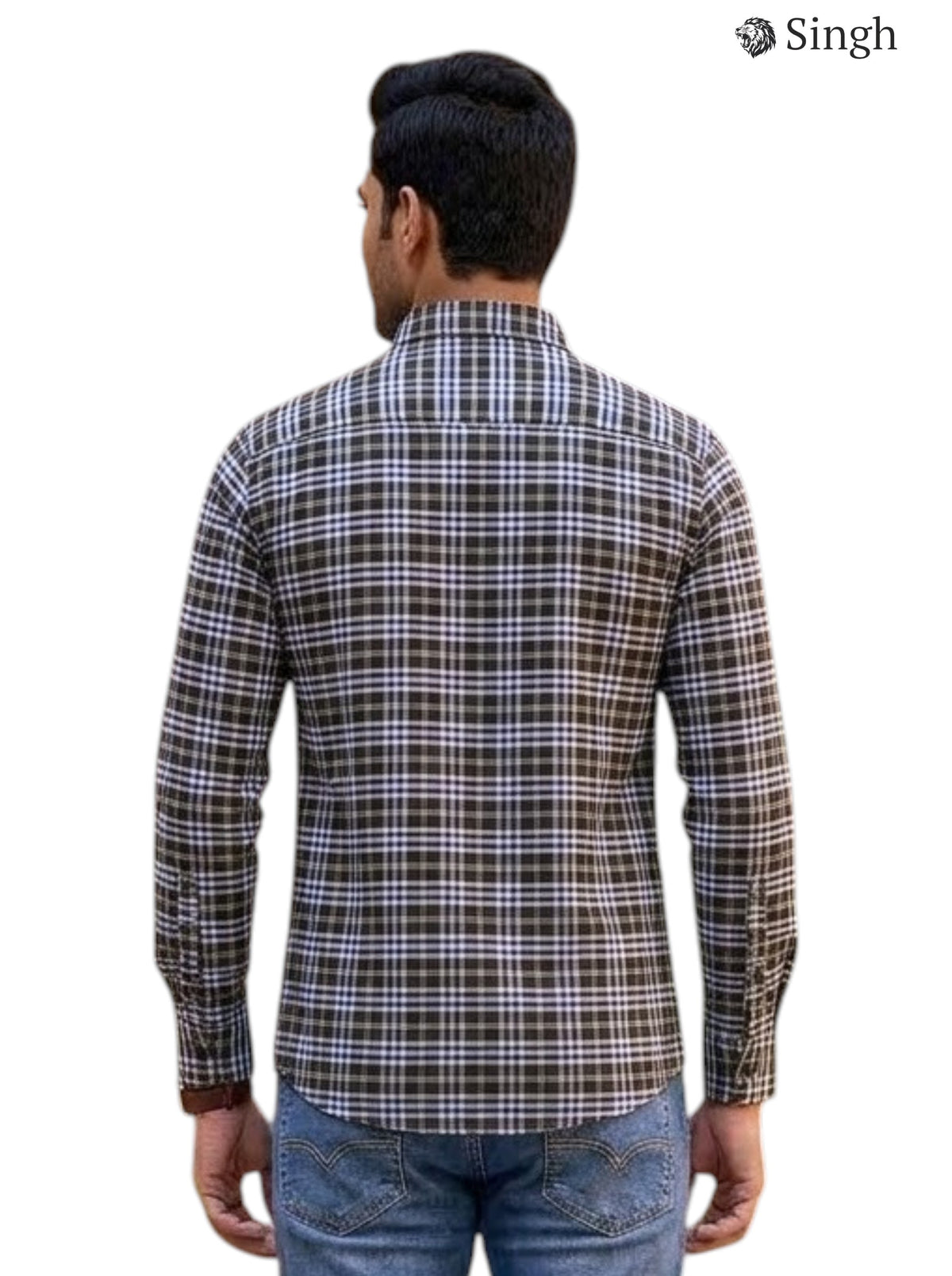 Men's plaid brown shirt in cotton back view. Singh Men's F-15-113-6-L Shirt for Regal Style