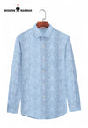 SINGH men's light blue formal shirt with subtle pattern and full button front on hanger