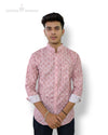 SINGH men's printed casual shirt in light pink with rolled-up sleeves and mandarin collar