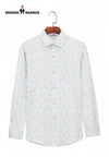 SINGH men's printed formal shirt in light color with subtle pattern and full sleeves on hanger