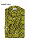 Singh men's printed kurta in green with black leaf pattern and white buttons folded neatly