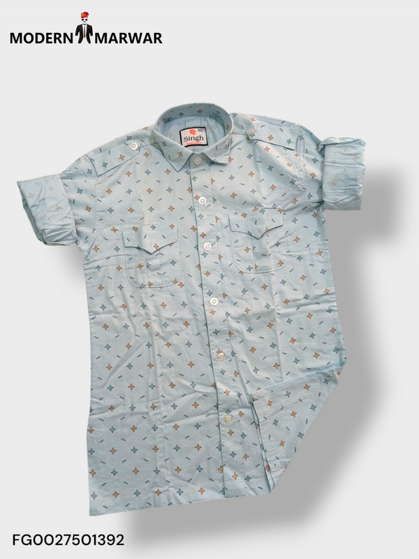 Men's printed shirt by Modern Marwar featuring a light blue design with unique patterns