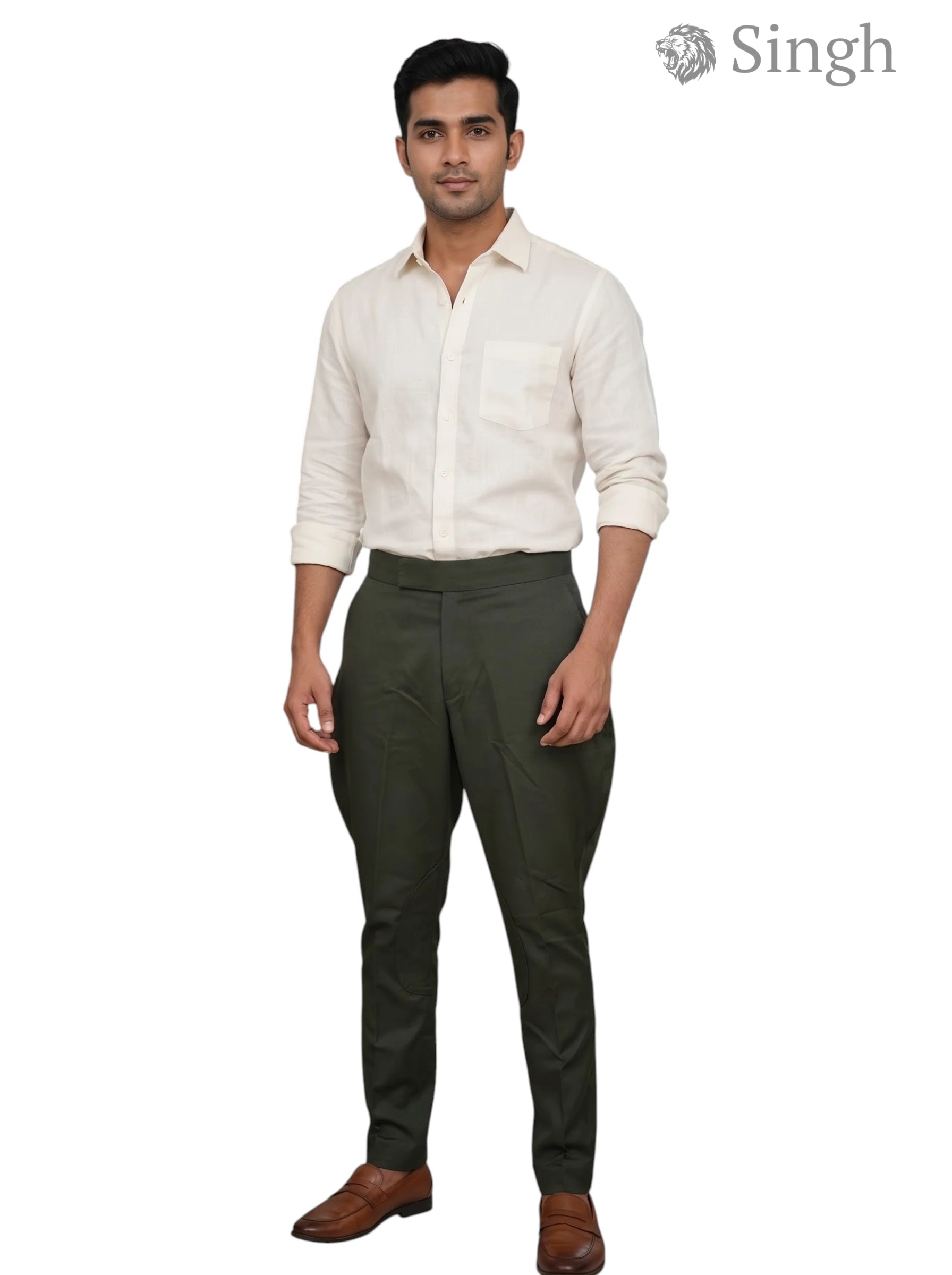 Men's kurta in cream linen fabric, front view; Singh Men's Rajwadi Fit-2233874-11 Regal Wedding Elegance