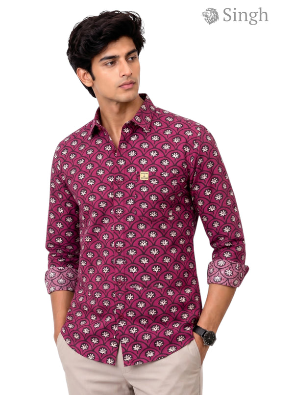 Shirt in maroon Sanganeri floral fabric, front view showcasing design - Singh Mens Sanganeri Floral-15-107-1
