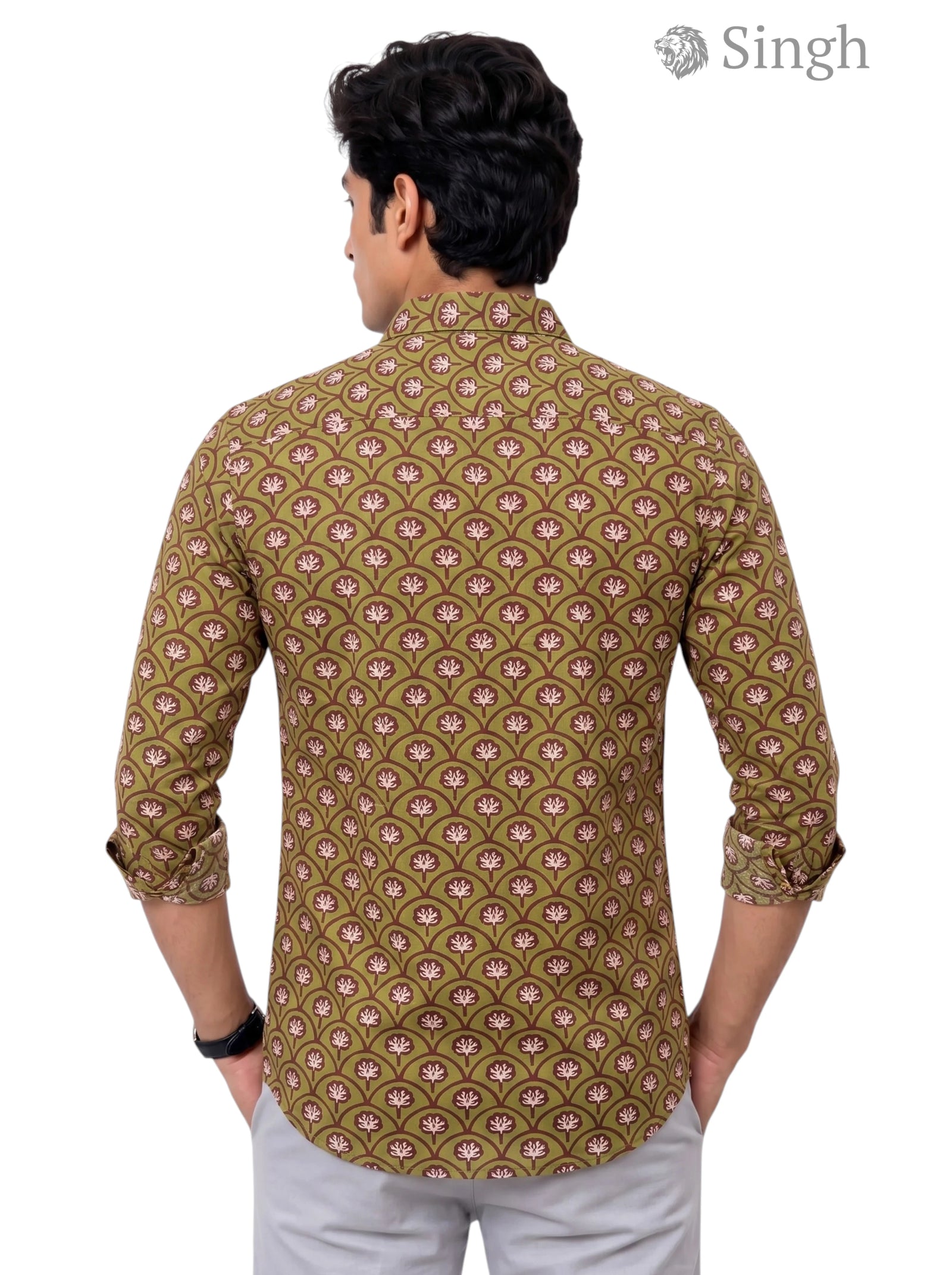 Shirt in olive green with Sanganeri floral print in cotton, featuring a back view of the Singh Mens Sanganeri Floral-15-107-1