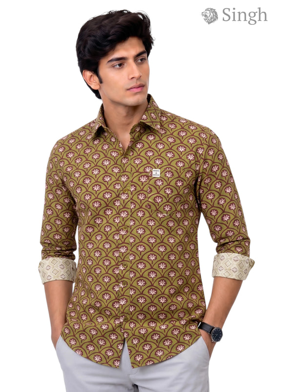 Shirt in olive green color, cotton fabric, front view; features Singh Mens Sanganeri Floral-15-107-1 design