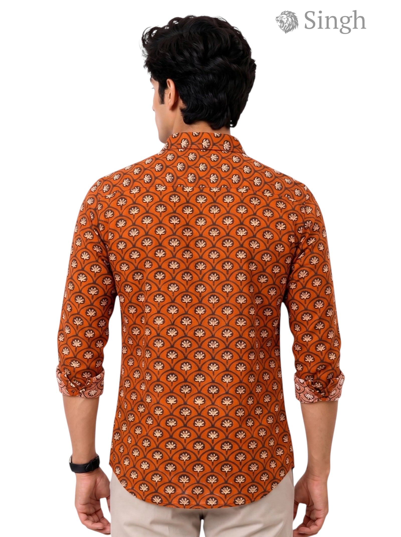 Mens Sanganeri Floral Shirt in Orange Cotton, Back View showing Detailed Pattern