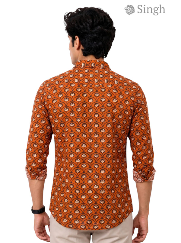 Mens Sanganeri Floral Shirt in Orange Cotton, Back View showing Detailed Pattern