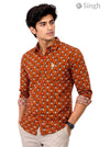 Men's orange cotton shirt from Modern Marwar featuring Sanganeri Floral-15-107-1 pattern, front view