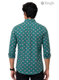 Shirt in teal with Sanganeri floral pattern in cotton, back view of Singh Mens Sanganeri Floral-15-107-1