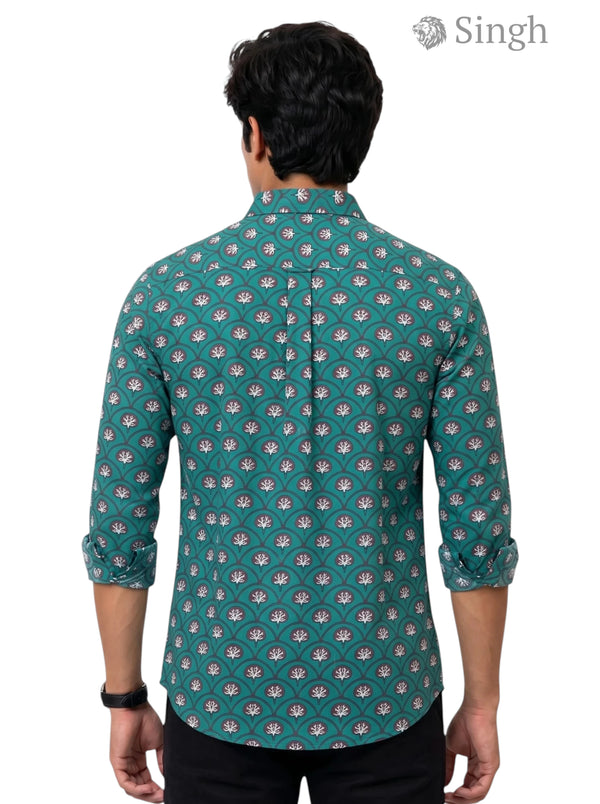 Shirt in teal with Sanganeri floral pattern in cotton, back view of Singh Mens Sanganeri Floral-15-107-1