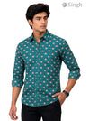Men's floral shirt in teal cotton, front view featuring Singh Mens Sanganeri Floral-15-107-1 design