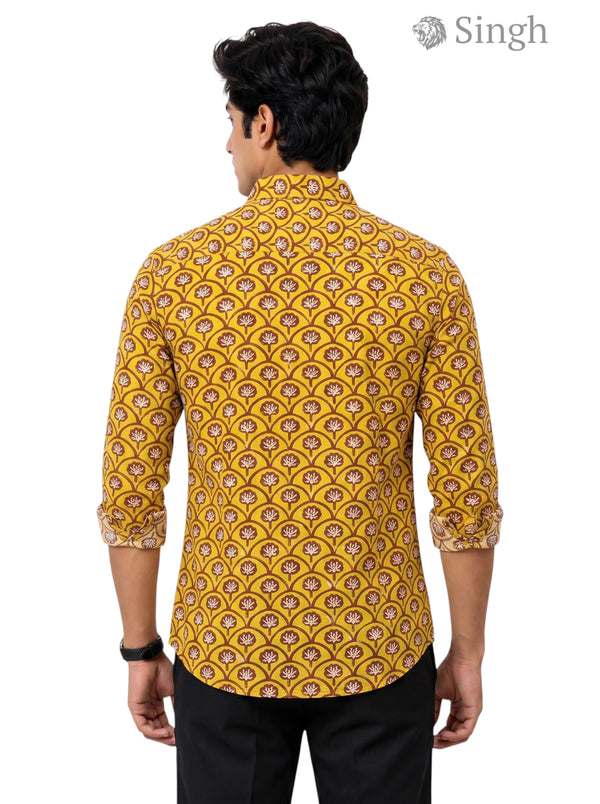 Shirt in yellow cotton fabric with floral pattern at the back - Singh Mens Sanganeri Floral-15-107-1